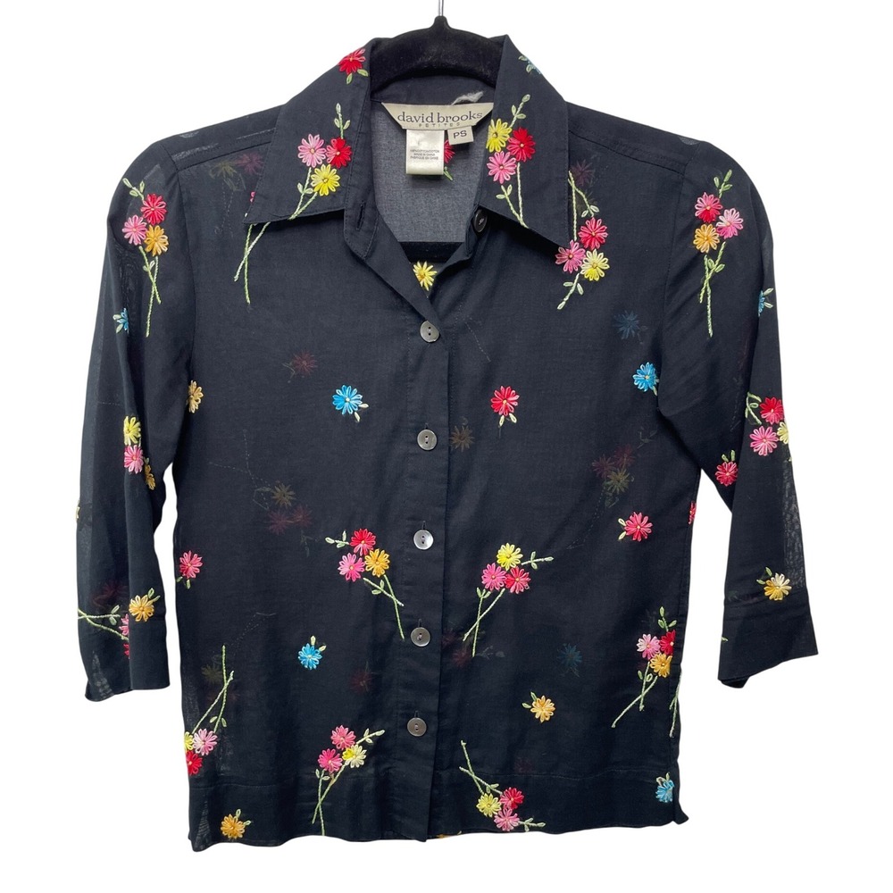 David Brooks Black‎ Floral Embroidered Sheer Button Up Blouse Top Petite DarkPS